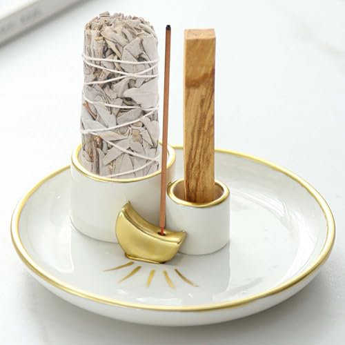 4 in 1 Räucherstäbchenhalter Moon Design, Keramik Räucherschale für Jedes Räucherwerk, Palo Santo Halter, Räucherkegel, Weißer Salbei Räucherstäbchen Meditation Zubehör, Ideal für Dekoration, Yoga