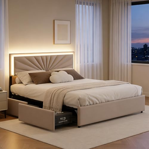 BRILVERDE Letto imbottito 160x200 con Contenitore, letto matrimoniale con LED, con 4 cassetti, letto funzionale con testiera, struttura letto con rete a doghe, Lino (Beige, 160 x 200 cm)
