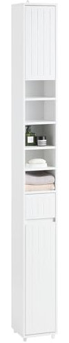 SoBuy Mueble Baño Auxiliar Estrecho Blanco, Armario Columna Baño con Puertas, Cajón y Estantes, Mueble Alto de Baño 20x180x20 cm BZR160-W