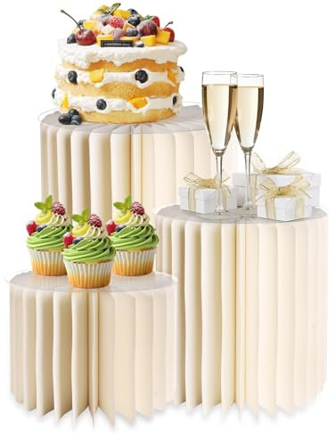 3PCS Cylinder Pedestal Stands for Party with Acrylic Disc, Round Table Centerpiece Cake Pedestal Stand for Parties Foldable Paper Columns Pillars Display for Parties Wedding Birthday Decor 4/3/2