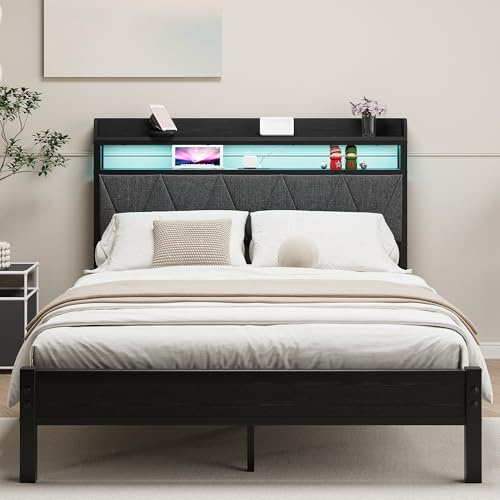 HAHRIR Telaio letto da 120 x 200 cm con testiera imbottita in legno con due ripiani, stazione di ricarica, luci a LED, telaio in metallo robusto, non è necessaria alcuna rete imbottita