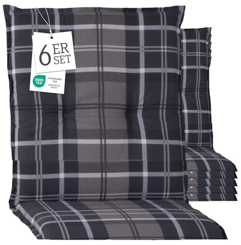Beo® Niedriglehner Gartenstuhlauflagen 6er Set | Waschbar | Made in EU | Öko-Tex Standard | Atmungsaktive Sitzkissen Outdoor | UV-beständig | Anthrazit/Weiß/Karo