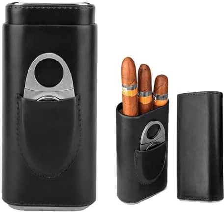 Cigarrfodral, cigarrfodral för 3 cigarrer, bärbart läder cigarrfodral cederträ fodrad cigarr humidor med cigarrskärare av rostfritt stål för cigarrälskare (svart)