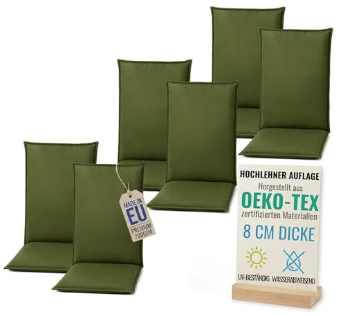 Pillows24 - Hochlehner Auflagen 6er Set - 120x50cm – 8cm Dick - Premium-Material 200gsm, UV- & Wasserabweisend | Sitzauflagen Hochlehner | Sitzkissen Gartenstuhlauflagen für Gartenmöbel | Dunkelgrün