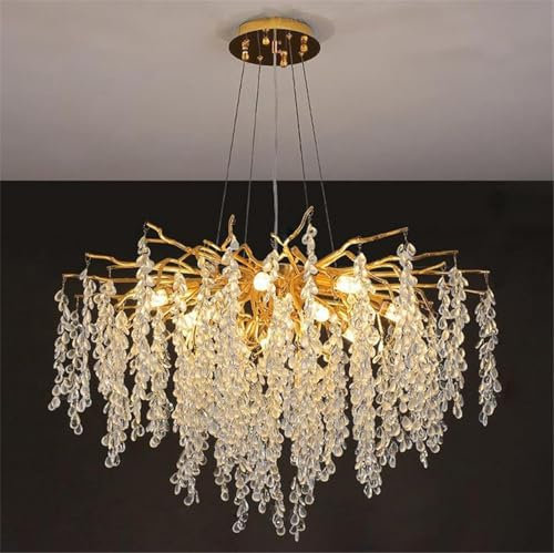 Lustre moderne en cristal doré avec branches d'arbre, luminaire suspendu en forme de goutte d'eau, idéal pour une salle à manger, une chambre, un salon ou une entrée, rectangulaire, longueur 120 cm
