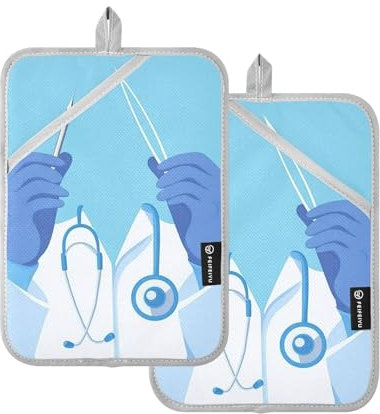 Kitchen Pot Holders Heat Resistant Doctors Day Scalpel Potholders with Pocket Hot Pan Holder Oven Pads 2 Pack