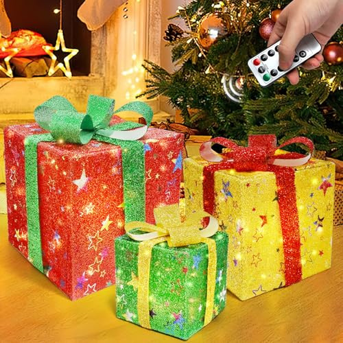 Juego de 3 Cajas de Regalo Navidad LED, Decoraciones de Caja Luminosa Navideña con Cuentas de Lámpara LED, 8 Modos de Iluminación con Control Remoto, para Decoración Navideña Interior (Modelo 1)