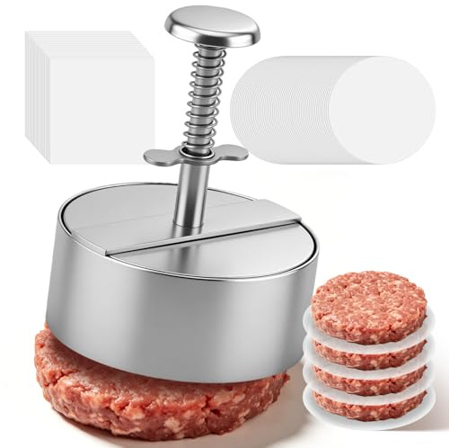 Slvoaujtk 304 Acciaio Inossidabile Pressa per Hamburger Preparare Hamburger dal Diametro di 11Cm Include 150 Dischi Carta Forno Fogli Stampo per Hamburger Ideale Barbecue e Occasioni Simili