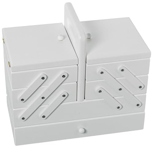 DRW Boîte à couture extensible type accordéon avec tiroir en bois blanc 26 x 28 x 15 cm