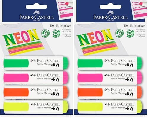 Faber-Castell 159591 - Marqueurs textiles de couleurs fluo pour tissus clairs, 4 marqueurs néon, largeur de trait de 1 à 5 mm (Lot de 2)