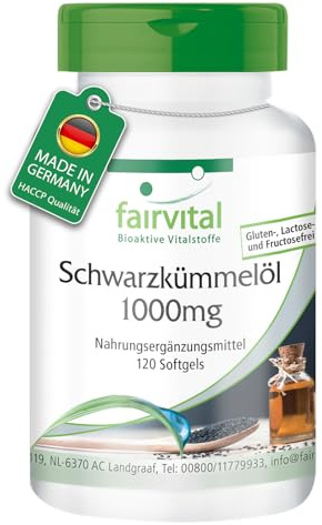 fairvital Aceite de comino negro 1000mg, 120 cápsulas blandas, prensado en frío, Nigella sativa original, 1000mg por cápsula, calidad certificada y alta dosis, fabricado en Alemania