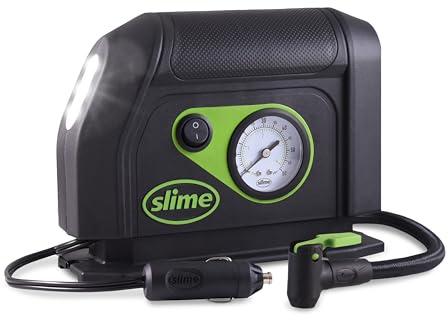 Slime 40050 Tire Inflator, Portable Car Air Compressor, with Analog 100 psi Dial Gauge, Long Hose and LED Light, 12V, 8 min Inflation