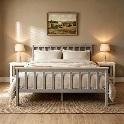 Panana 4.6FT Double Bed Solid Wood Bed Frame Wooden For Adults, Kids, Teenagers (Grey+Wood)