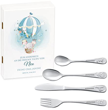 Maverton Kinderbesteck Set mit Gravur + Holzbox mit Aufdruck - mit Tieren - aus Edelstahl - Weiß - Geschenk für Jungen zum Geburtstag zur Taufe Geburt - Tierchen