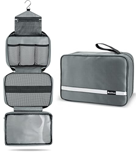 Maliton Hanging Toiletry Bag, Waterproof Foldable Wash Bag (Grey) | Keeps Wet & Dry Items Separate, 4 Compartments Keep Toiletries Organised for Travel, Gym & Business Trips, Travel Essentials