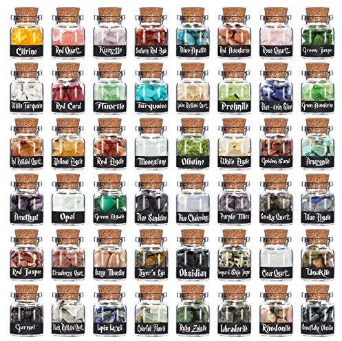 WELLPICK 48 PCS Gemstone Bottles Chips Crystal for Witchcraft, Chakra Healing Crystal, Various Gemstones in Bottle for Home Décor & Collection, Tumbled Gem Reiki Wicca Stones Set (48pcs)