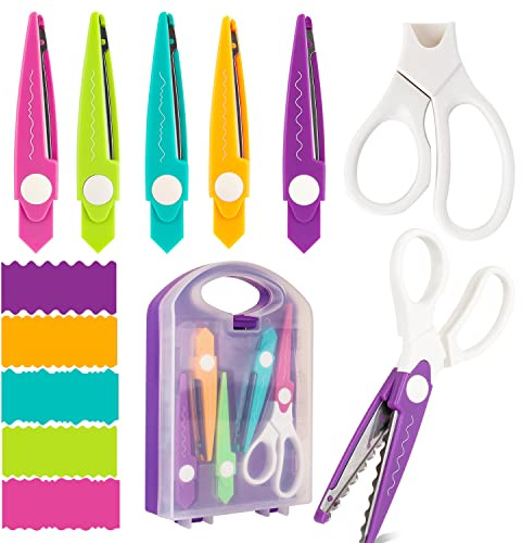 Juego de 6 tijeras de manualidades decorativas borde papel con caja almacenamiento, 5 tipos de tijeras de bordes en zig zag ideales para fotos, álbumes de recortes, oficina, escuela, manual de casa