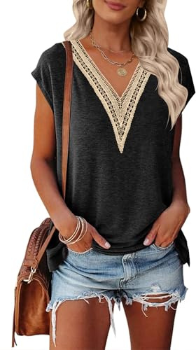 MEROKEETY Women's Casual Cap Sleeve Lace Trim V Neck Tops 2025 Summer Loose Tee Shirts Blouse, Black, Medium