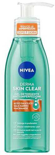 NIVEA Derma Skin Clear Gel Detergente Viso Anti-Imperfezioni 150 ml, Detergente viso pelle grassa e mista con Acido Salicilico, Sale Marino e Niacinamide, Detergente schiumogeno viso purificante