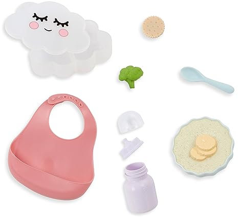 LullaBaby – Fütterungsset für 36 cm Baby Puppe – 10-TLG. Puppengeschirr & Spielzeug-Essen – Lätzchen, Löffel & Fläschchen – Baby Puppenzubehör – Spielzeug für Kinder ab 2 Jahren – Puppen Geschirrset