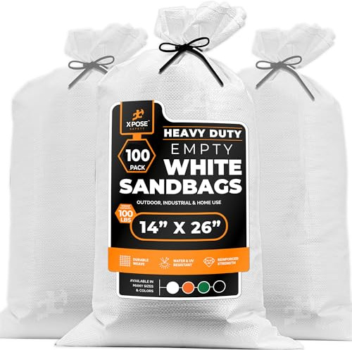 Xpose Safety Heavy Duty Sand Bags with Tie Strings – Empty Woven Polypropylene Sandbags for Hurricane Flood Protection, 100 lb Capacity, 14 x 26 (White, 100 Sandbags)