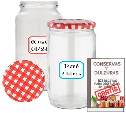 6 Tarros de Cristal de 2 litros con Tapas de Metal + Ebook de 102 Recetas - Frascos grandes para Conservas, Encurtidos, Alimentos Caseros - Incluye Etiquetas (6)