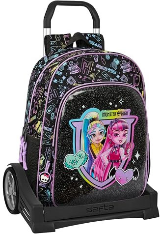 Safta MONSTER HIGH - Mochila Escolar 180, Espalda Ergonómica, con Carro Evolution, Ideal para Niños de Diferentes Edades, Cómoda y Versátil, Calidad y Resistencia, 33x14x42 cm, Color Negro