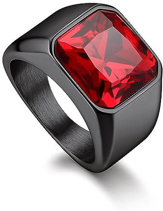 Bandmax Bague Homme Solitaire Acier Noir, Anneau avec Onyx Synthétique/Rubis/Saphir/Turquoise d'Imitation, 8 Tailles Disponibles