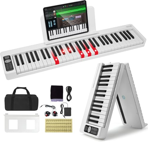 VEVOR Hopfällbart pianotangentbord 61 Bluetooth-tangenter och bärbart digitalt elektroniskt Midi Piano med Stående Pedal Upplysta tangenter Uppladdningsbar för nybörjare, tonåringar, vuxna, vit