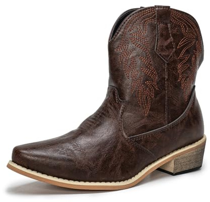 Bottes de cowboy occidentales pour femme, bottes de cowgirl classiques à bout pointu et à talon épais, bottines mi-mollet, marron, 41 EU