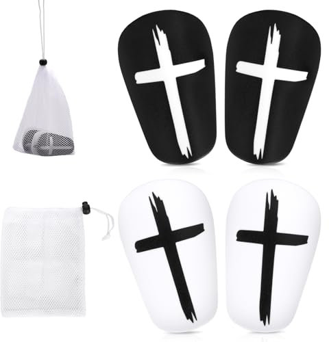 2 Paar Fußball-Schienbeinschoner 8 x 5cm in Schwarz & Weiß - Kreuz Schutz Mini Schoner für Jugendliche, Jungen, Mädchen und Erwachsene