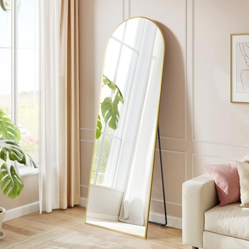 SONGMICS Full Length Mirror, 160 x 50 cm, Arched Full Body Mirror with Stand, Aluminium Alloy Frame, Tempered Glass, for Bedroom, Living Room, Cloakroom, Pale Gold LFM031A01