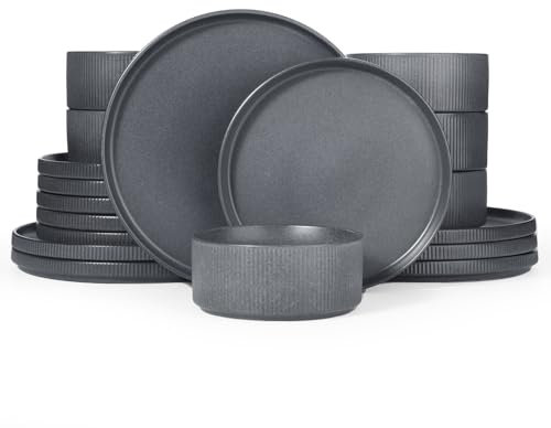 Richmount Star Plates and Bowls Set, 18 Pieces Dinner Sets for 6 People, Stoneware Dinnerware Sets with Dinner Plates/Salad Plate/Cereal Bowls, Dishwasher & Microwave Safe, Matte DarkCharcoal