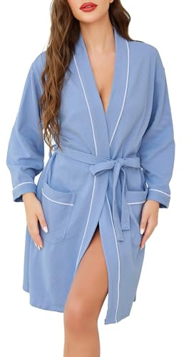 Vlazom Women Dressing Gown, Lightweight Waffle Robe Soft Cotton Bathrobes Mid-Length Robes with Pockets for All Seasons Spa Hotel Sleepwear Size UK 6-24