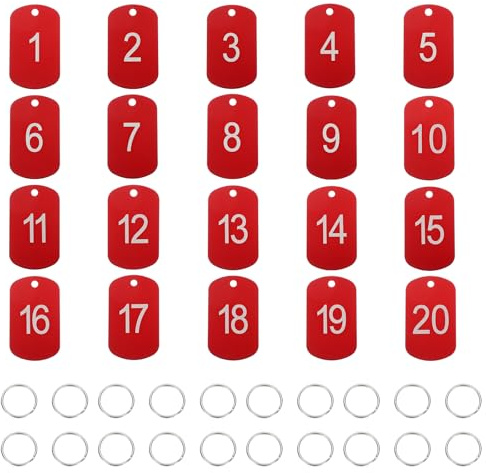 PATIKIL 20PCS Etichette Numerate 1-20, Targhette Numerate Tavolo Portachiavi In Alluminio Con Anelli Etichette Rettangolari Metalliche Per Organizzatore Vendite Campestri, Rosso