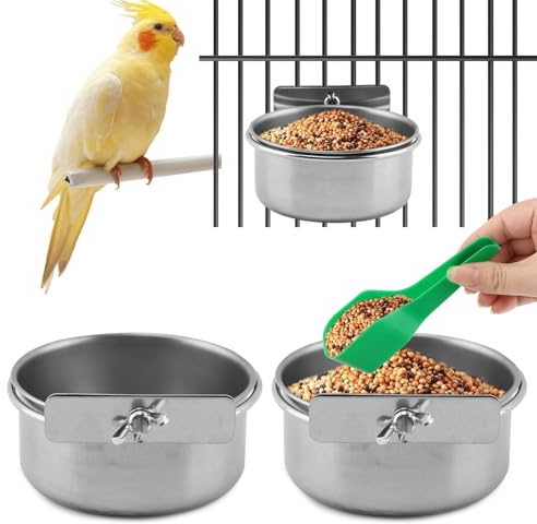 2Pcs Stainless Steel Bird Feeding Bowls with Feeding Spoon,Parrot Food Bowl Cage with Clamp Holder,Birdcage Coop Water Feeder for Cockatiel Parakeet Macaw Finches Small Animals
