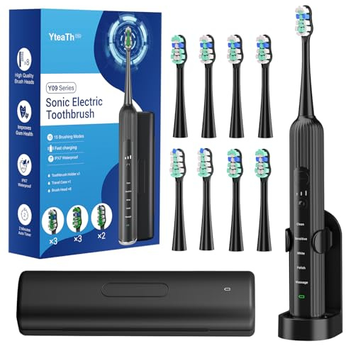 Sonic Electric Toothbrush for Adults and Kids, Rechargeable Sonic Tooth Brush with 8 Brush Heads, 5 Modes & 3 Intensities, 47,000VPM, Travel Case, 3h Charge, 2mins Smart Timer, Black, 1 Pack