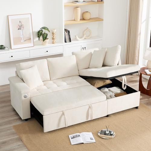 Yihomfy Canapé Convertible,Canape Dangle Convertible avec Rangement et Méridienne,canapé 3 Places,Canapé Lit avec Rangement Accoudoirs pour Salon, Home cinéma,Beige