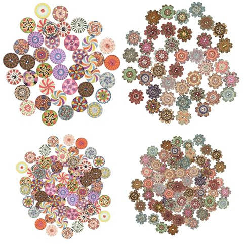 300 Pcs Wooden Buttons, 15mm & 20mm Mixed Vintage Round Floral Craft Buttons with 2 Holes for Sewing, Cardigans, Clothes, DIY Crafting and Decoration