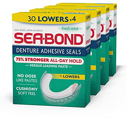 Sea-Bond Secure Denture Adhesive Seals, Fresh Mint Lowers, Zinc-Free, All-Day-Hold, Mess-Free, 30 Count (Pack of 4)
