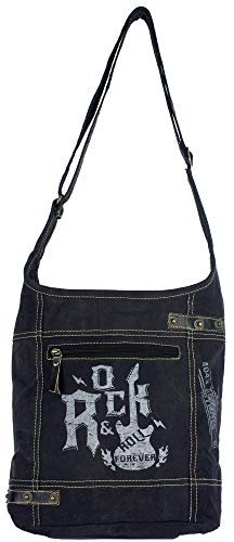 Sunsa Damen Hobo Tasche/Umhängetasche, aus Canvas. Nachhaltige Produkte, Groß Stoff Crossbody Bag, schwarze Schultertasche mit ROCK druck, Geschenkideen für Frauen/Mädchen