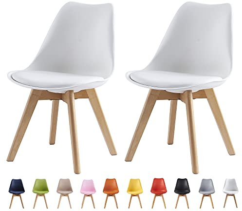 mcc direct Set of 2 Dining Chairs Wooden Legs Soft Cushion Pad Stylish DELUXE Retro Lounge Dining Office EVA (White)