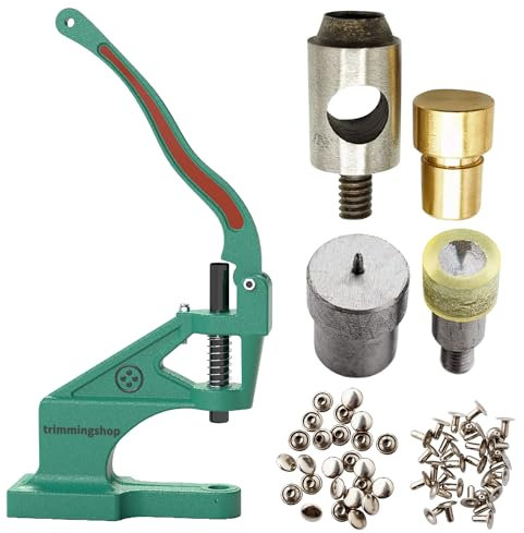 Trimming Shop 100 Set 9mm Leather Rivets Single Cap Rivet Tubular Metal Studs with The Green Machine Hand Press, Rivet Fixing Dies & Hole Cutter Dies Set for DIY Leathercrafts, Handbag, Belt