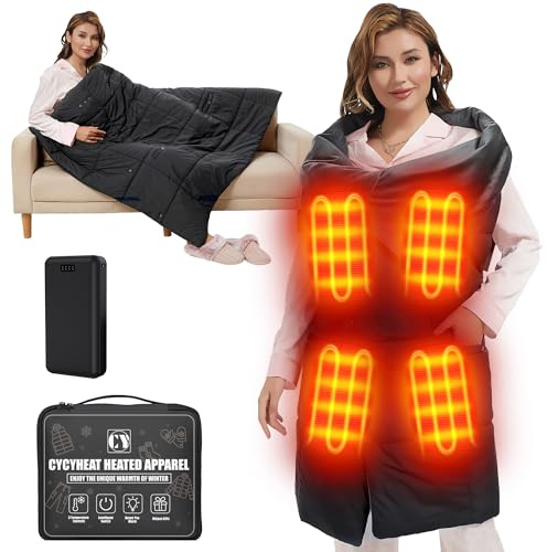 20000mAh Heated Blanket Battery Operated - 7.4V DC Portable Wireless Cordless USB Heating Blanket for Outdoors (Black+DC 20000mAh Battery, Wearable Blanket-52x43 inches)