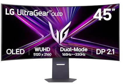 LG UltraGear OLED GX9 Gaming Monitor 45GX950A-B - 5K2K 45 Inch WOLED Curved, Dual-mode 165-330Hz, 0.03ms, 275-1300nits, FreeSync Premium Pro, HDR 400, Speakers, DP 2.1, HDMI 2.1, USB-C, Black