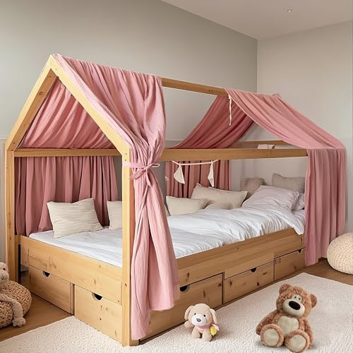 FloraVigo Baldacchino per letto di casa, 2 pezzi, realizzato a mano in 100% cotone mussola, baldacchino in tessuto per la decorazione del letto di casa, per ragazze e ragazzi (confezione da 2, 132 x