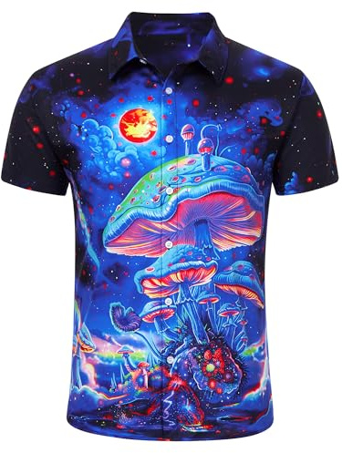 RAISEVERN Mens Shirt Funny Stag Mushroom Graphic Festival Bad Taste Funky 3D Print Shirts Galaxy Ugly Awful Hawaiian Crazy Rave Party, XL