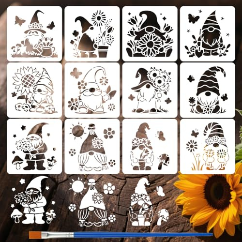 FINGERINSPIRE 12PCS Gnome Stencils 15x15CM Garden Gnome Stencils for Painting 4 Style Gnomes and Sunflower Stencil Drawing Templates with a Brush for Wood Wall Art Canvas Fabric Home Decor