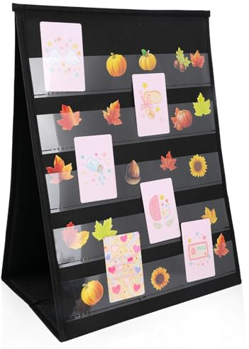 Goktvai Présentoir d'Autocollants Portable, Support de Rangement Double Face à 5 Niveaux Tableau Poche Pliable avec Poches Transparentes pour Autocollants Cartes et Petits Objets de Collection