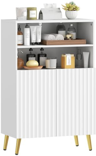 HOMCOM Meuble Salle de Bain, Armoire Salle de Bain étroit 5 Niveaux, Portes cannelées à Fermeture Douce, 2 étagères Ouvertes et étagère réglable, Meuble de Rangement pour Toilette Petit Espace Blanc